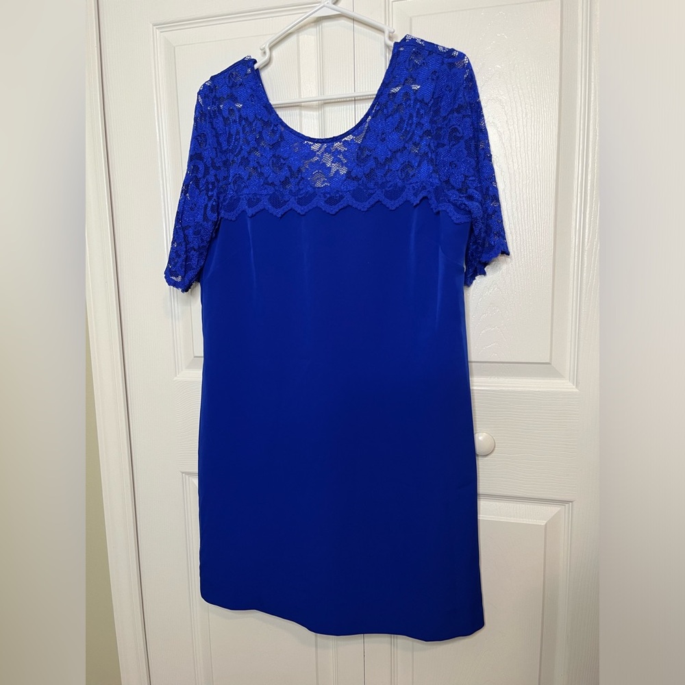 Badgley Mischka‎ Belle Royal Blue Floral Lace Detail Sleeves Mini Dress Sz 12 - Picture 3 of 9